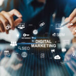 Digital marketing business technology concept. Website advertisement email social media network, SEO, SEM video and mobile application icons in virtual screen.